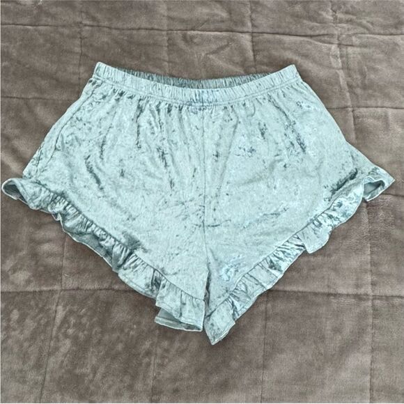 Listicle High Waist Velvet Ruffle Shorts in Light Blue - Picture 2 of 4